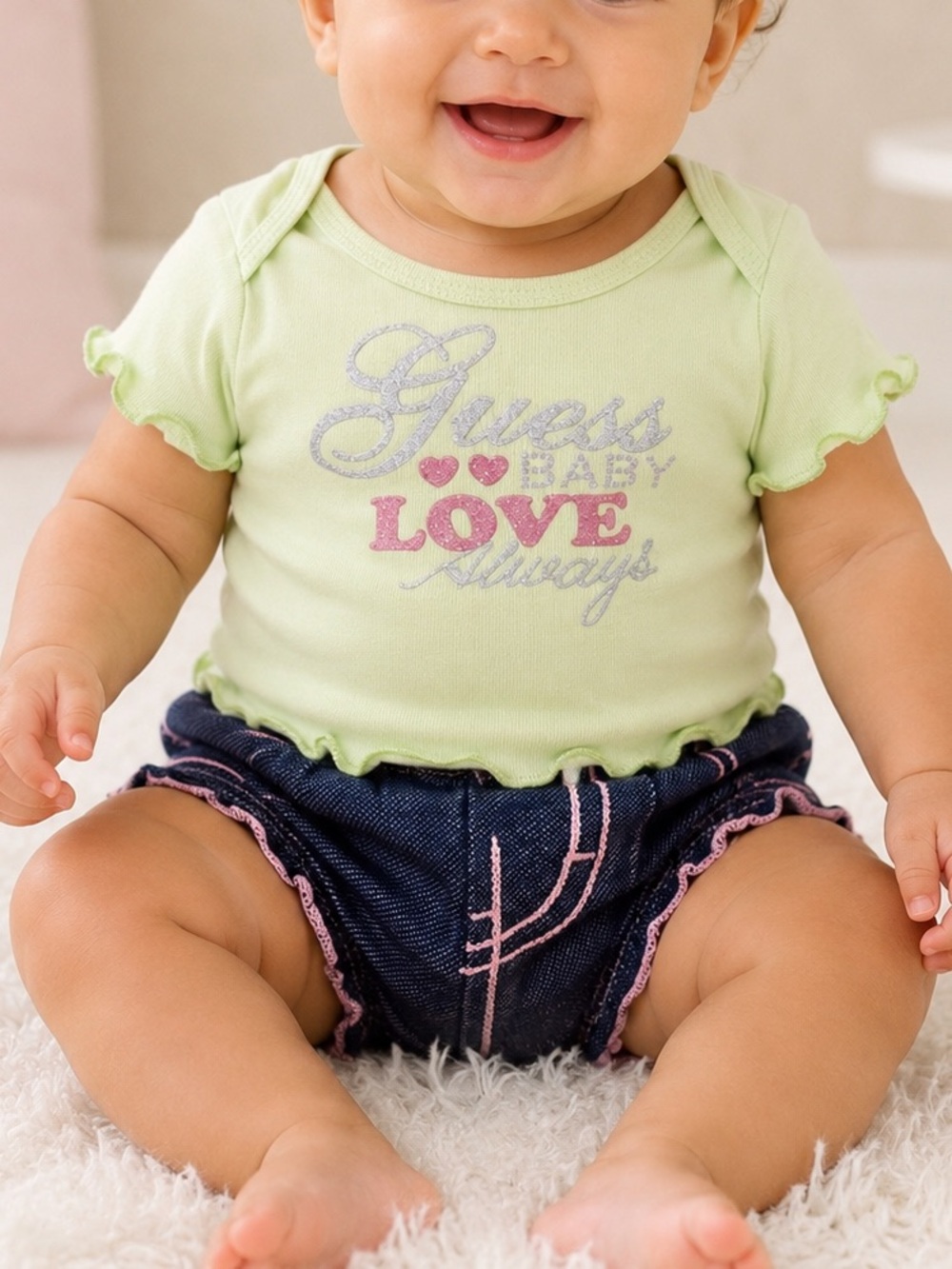 NWT Guess Baby Girl 2-Piece Set, 6–9 Months – Mint Green Top & Denim Bloomers